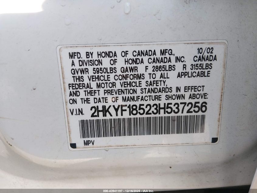 2003 Honda Pilot Ex-L VIN: 2HKYF18523H537256 Lot: 43941197