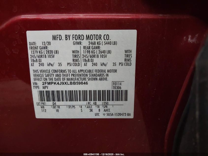 2020 Ford Edge Sel VIN: 2FMPK4J9XLBB59846 Lot: 43941198