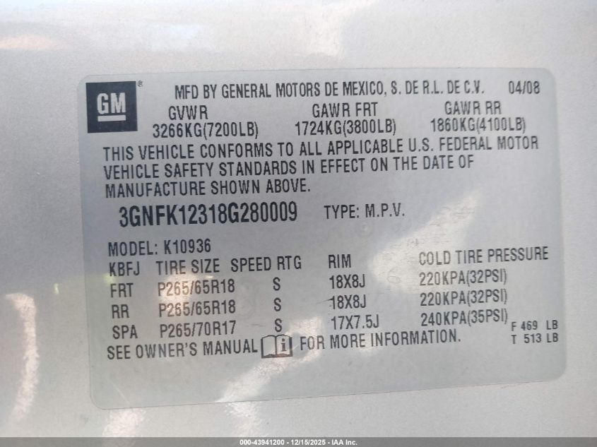 2008 Chevrolet Avalanche 1500 Lt VIN: 3GNFK12318G280009 Lot: 43941200