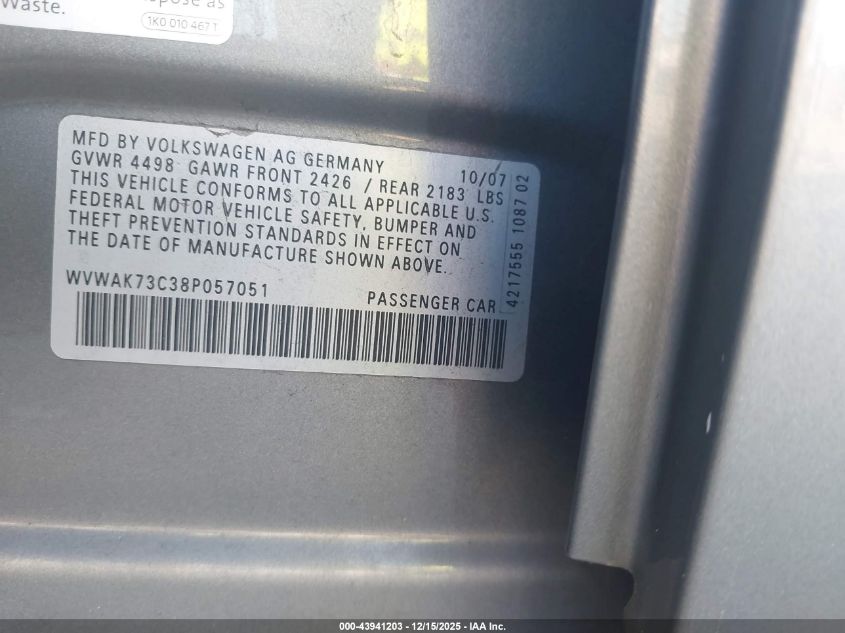 2008 Volkswagen Passat Komfort VIN: WVWAK73C38P057051 Lot: 43941203