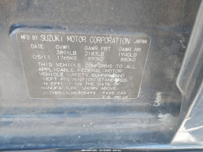 2011 Suzuki Sx4 Premium/Tech Valu Pkg (Nav) VIN: JS2YB5A36B6305494 Lot: 43941205
