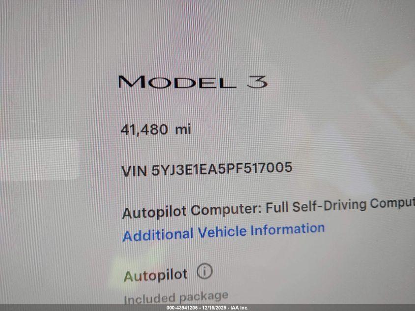 2023 Tesla Model 3 Rear-Wheel Drive VIN: 5YJ3E1EA5PF517005 Lot: 43941206