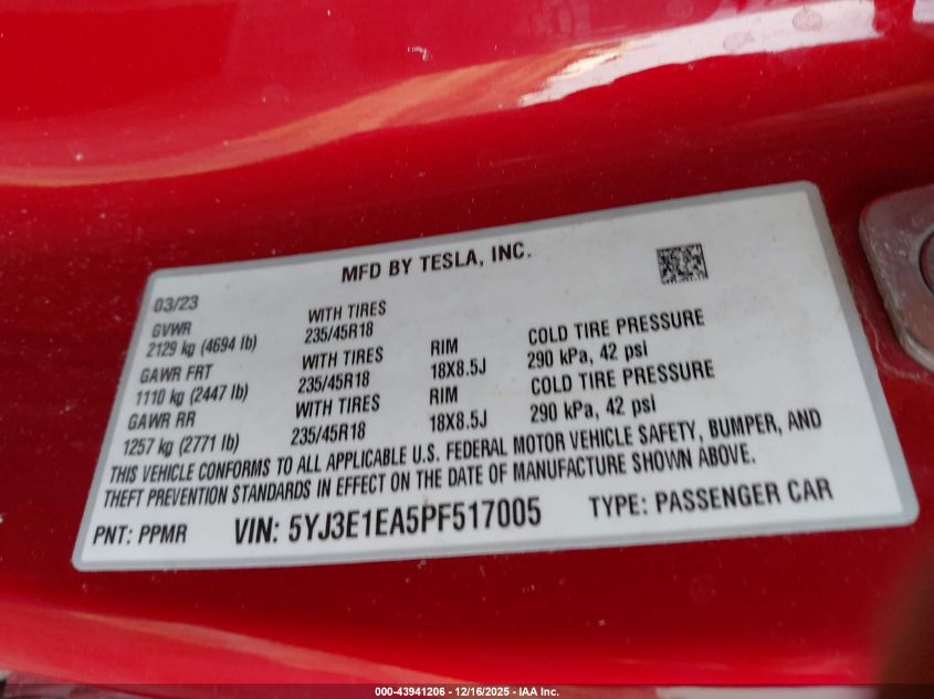 2023 Tesla Model 3 Rear-Wheel Drive VIN: 5YJ3E1EA5PF517005 Lot: 43941206