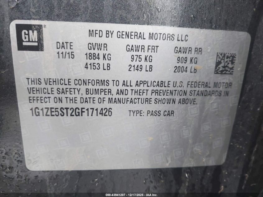 2016 Chevrolet Malibu 1Lt VIN: 1G1ZE5ST2GF171426 Lot: 43941207