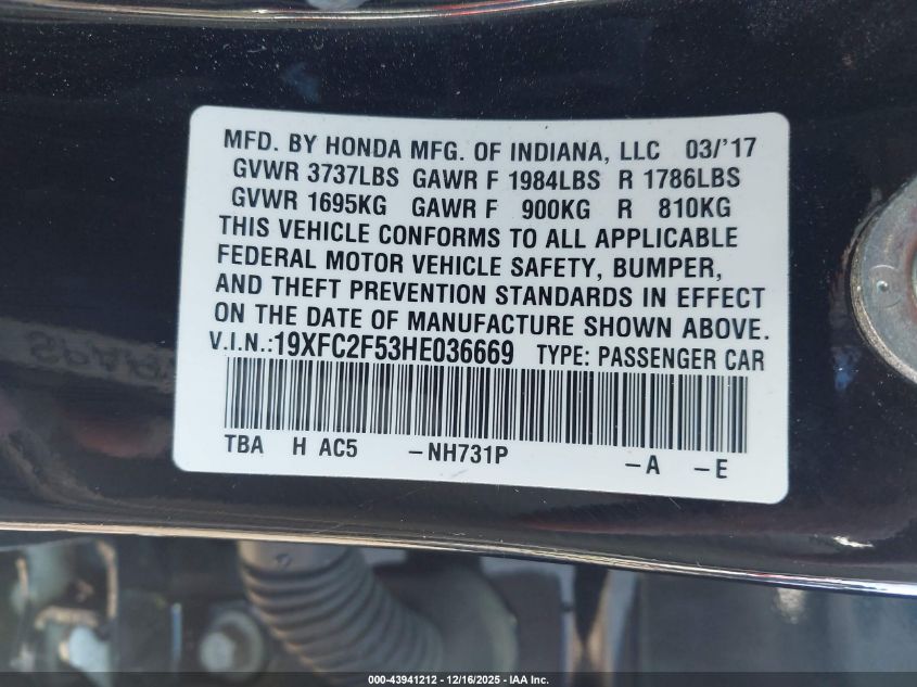 2017 Honda Civic Lx VIN: 19XFC2F53HE036669 Lot: 43941212