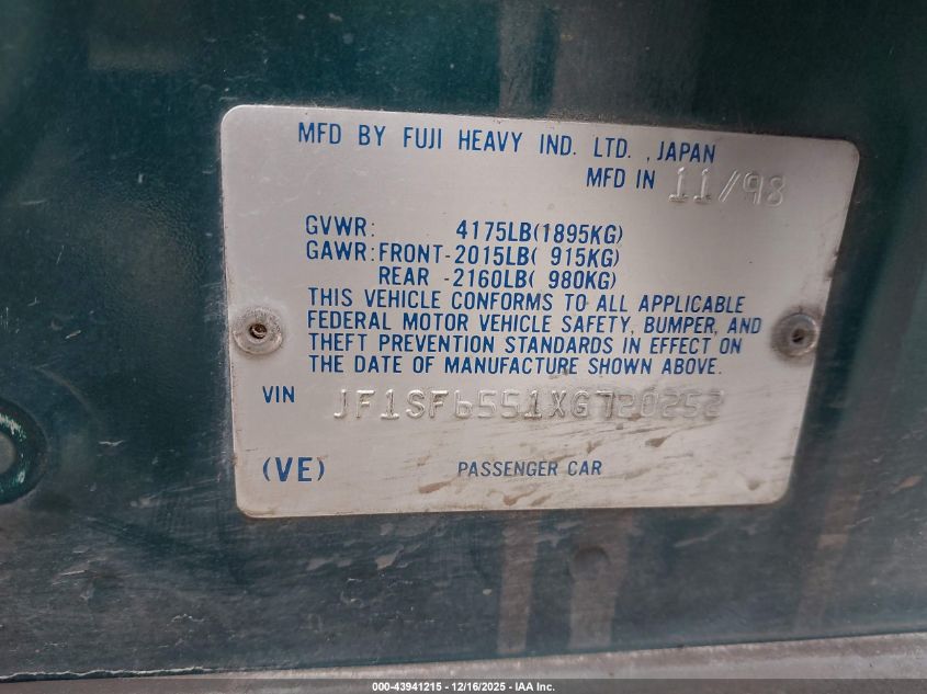 1999 Subaru Forester S VIN: JF1SF6551XG720252 Lot: 43941215