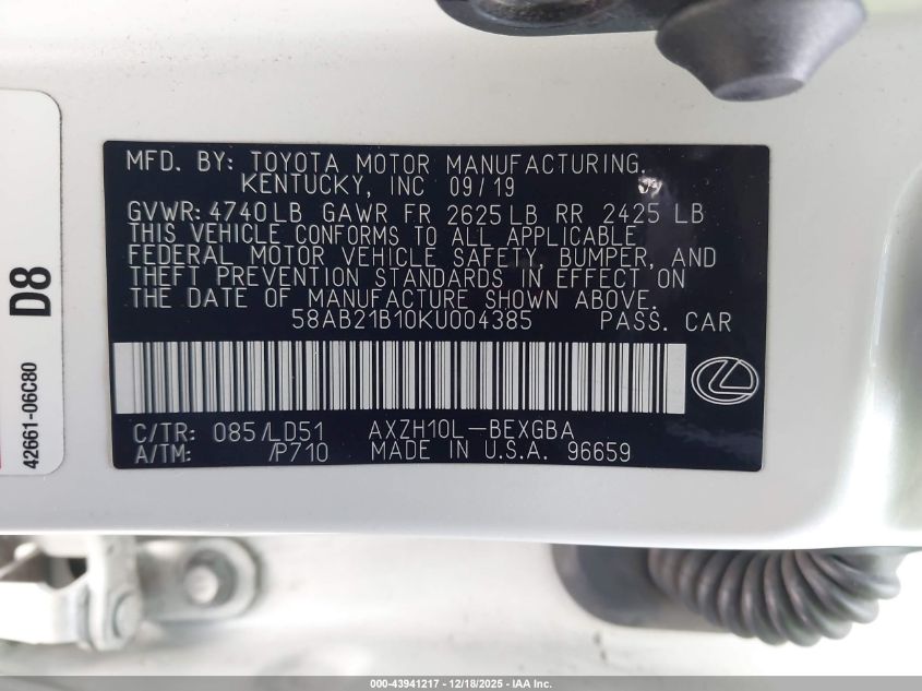 2019 Lexus Es 300H VIN: 58AB21B10KU004385 Lot: 43941217