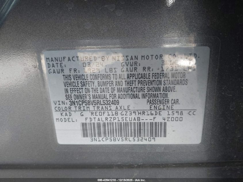 2024 Nissan Kicks S Xtronic Cvt VIN: 3N1CP5BV5RL532409 Lot: 43941218