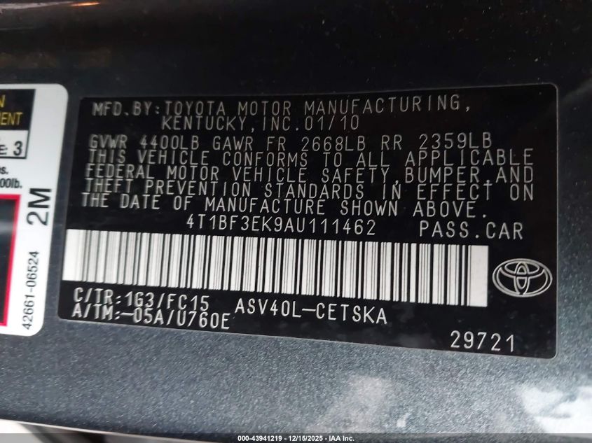 2010 Toyota Camry Se VIN: 4T1BF3EK9AU111462 Lot: 43941219