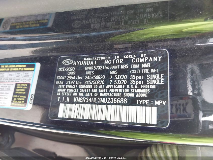 2021 Hyundai Palisade Sel VIN: KM8R34HE3MU236688 Lot: 43941222