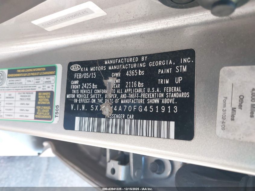 2015 Kia Optima Lx VIN: 5XXGM4A70FG451913 Lot: 43941225