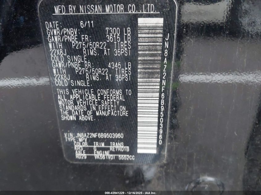 2011 Infiniti Qx56 VIN: JN8AZ2NF6B9503960 Lot: 43941229