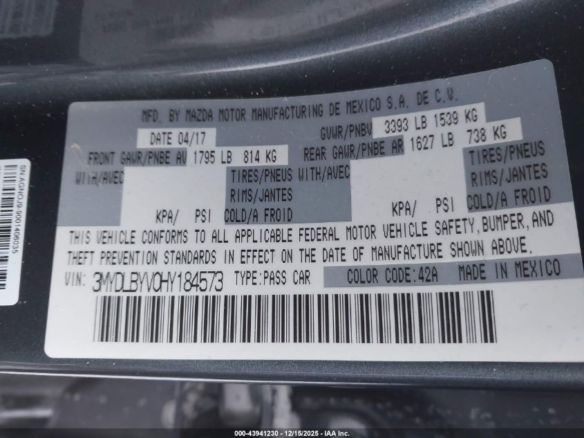 2017 Toyota Yaris Ia VIN: 3MYDLBYV0HY184573 Lot: 43941230