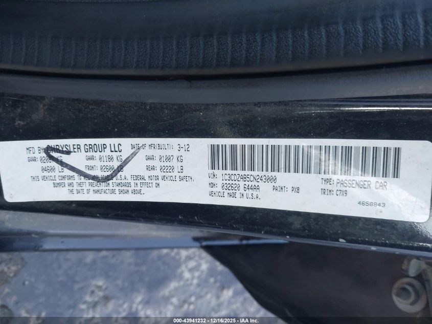 2012 Dodge Avenger Se VIN: 1C3CDZAB5CN243000 Lot: 43941232