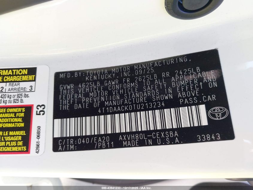 2026 Toyota Camry Nightshade VIN: 4T1DAACK0TU213234 Lot: 43941233