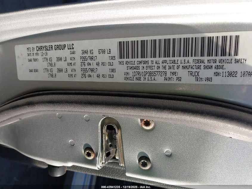 2011 Ram Ram 1500 St VIN: 1D7RV1GP3BS577278 Lot: 43941235