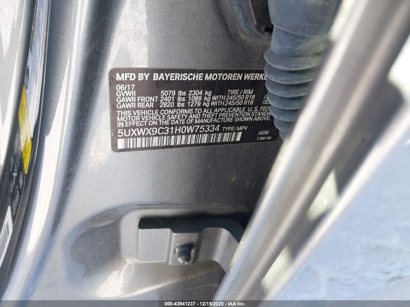 2017 BMW X3 xDrive28I VIN: 5UXWX9C31H0W75334 Lot: 43941237