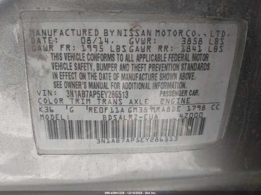 2014 Nissan Sentra Sr VIN: 3N1AB7AP5EY286513 Lot: 43941238