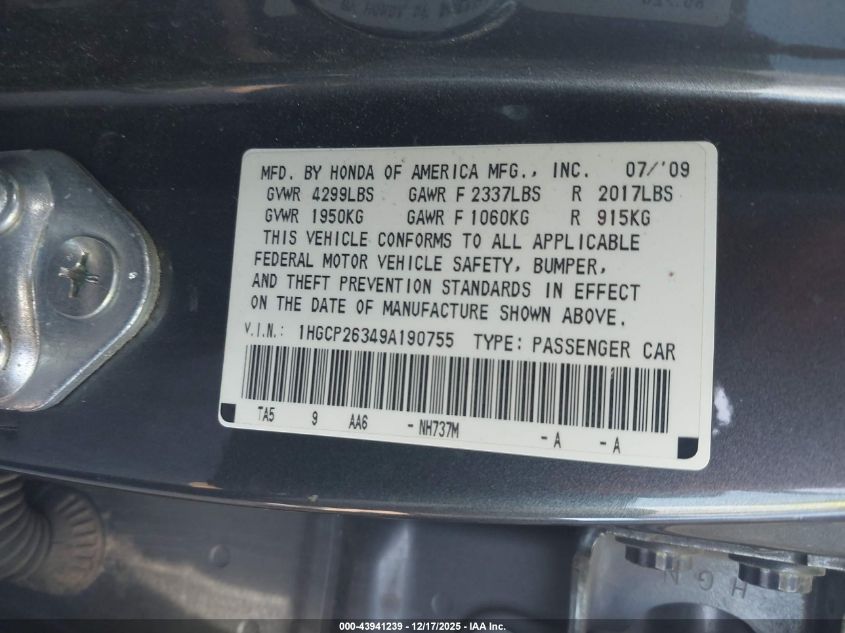 2009 Honda Accord 2.4 Lx VIN: 1HGCP26349A190755 Lot: 43941239