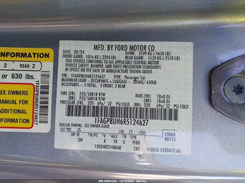 2024 Ford Mustang Ecoboost Premium VIN: 1FAGP8UH6R5124627 Lot: 43941242