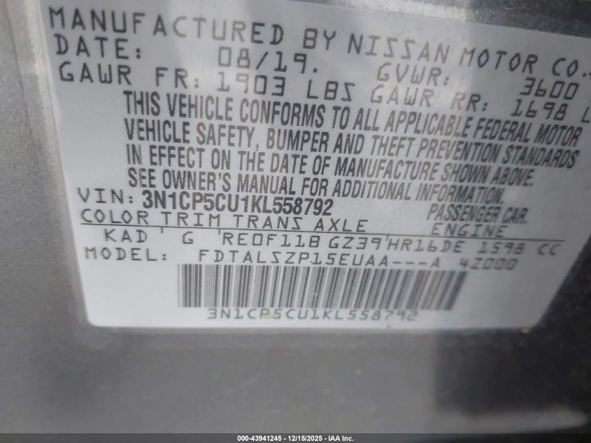 2019 Nissan Kicks Sv VIN: 3N1CP5CU1KL558792 Lot: 43941245