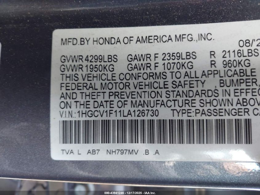 2020 Honda Accord Lx VIN: 1HGCV1F11LA126730 Lot: 43941246