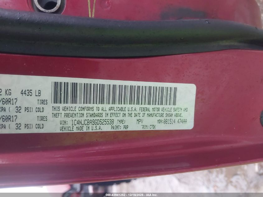 2016 Jeep Compass Sport VIN: 1C4NJCBA9GD525538 Lot: 43941252