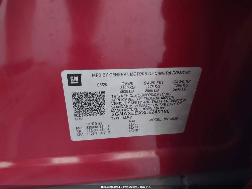 2020 Chevrolet Equinox Fwd Lt 2.0L Turbo VIN: 2GNAXLEX8L6249186 Lot: 43941254