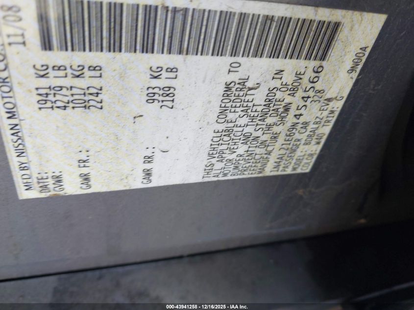 2009 Nissan Altima 2.5 S VIN: 1N4AL21E69N454566 Lot: 43941258