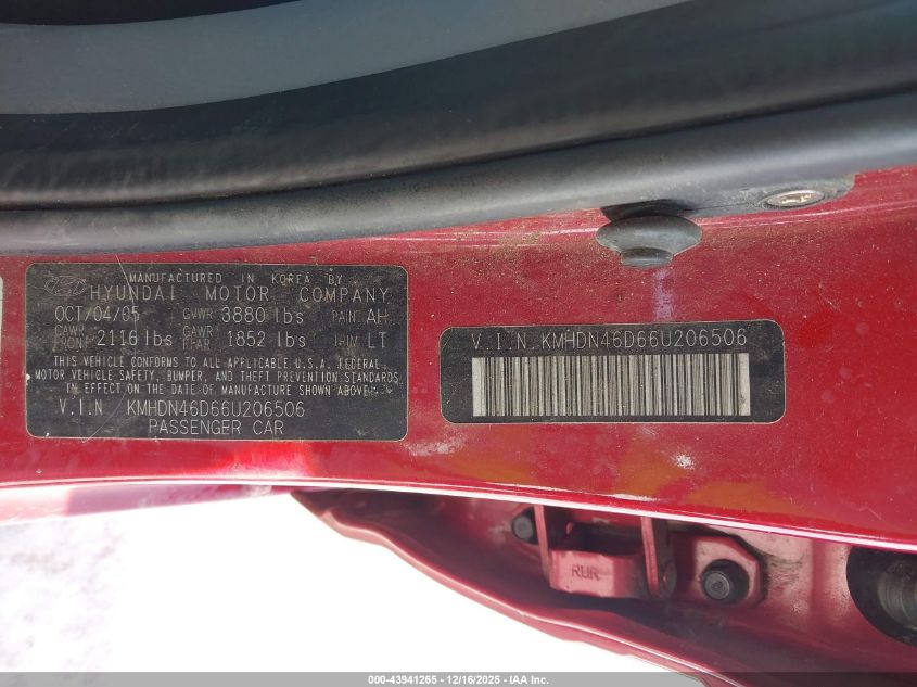 2006 Hyundai Elantra Gls/Limited VIN: KMHDN46D66U206506 Lot: 43941265
