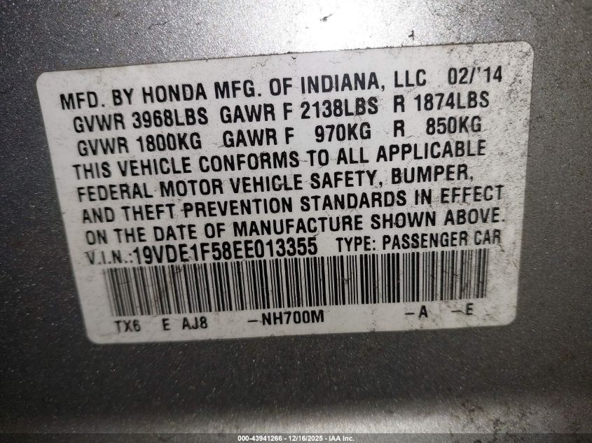 2014 Acura Ilx 2.0L VIN: 19VDE1F58EE013355 Lot: 43941266