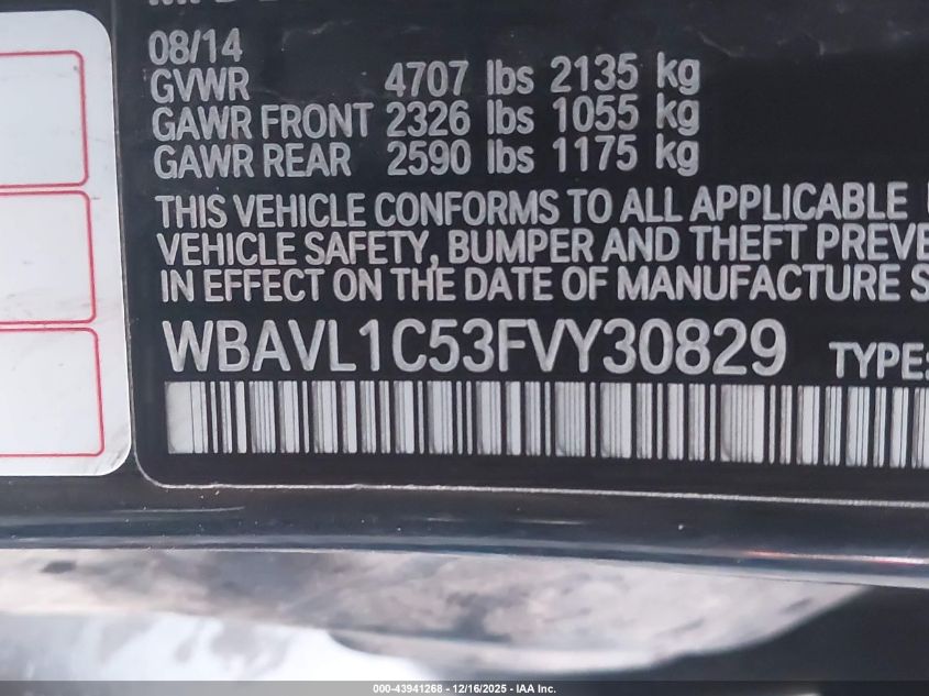 2015 BMW X1 xDrive28I VIN: WBAVL1C53FVY30829 Lot: 43941268