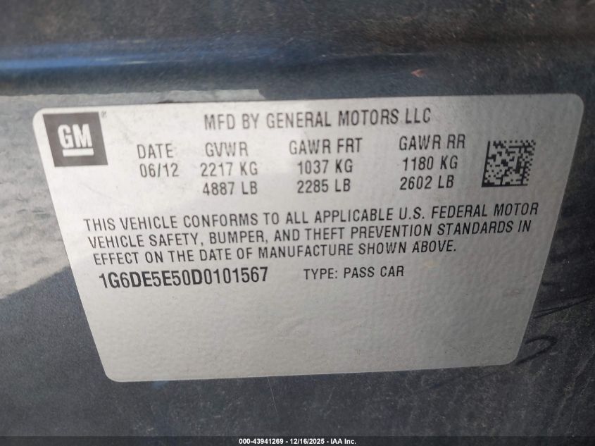 2013 Cadillac Cts Luxury VIN: 1G6DE5E50D0101567 Lot: 43941269