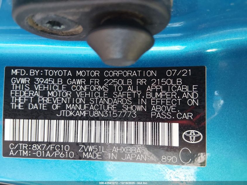 2022 Toyota Prius L VIN: JTDKAMFU8N3157773 Lot: 43941272