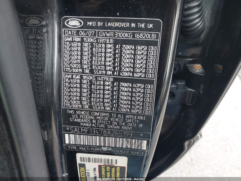 2008 Land Rover Range Rover Supercharged VIN: SALMF13478A265193 Lot: 43941274