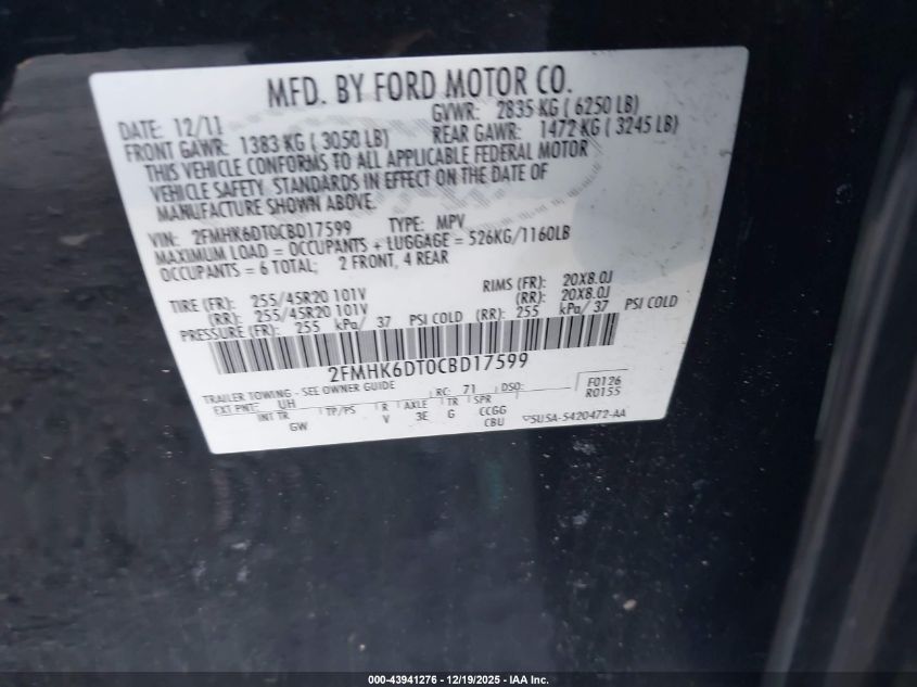 2012 Ford Flex Titanium VIN: 2FMHK6DT0CBD17599 Lot: 43941276