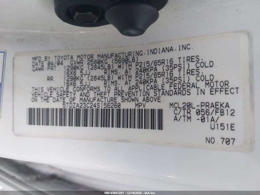 2004 Toyota Sienna Le VIN: 5TDZA23C24S156260 Lot: 43941281