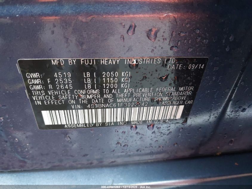 2015 Subaru Legacy 2.5I Premium VIN: 4S3BNAC61F3022242 Lot: 43941282