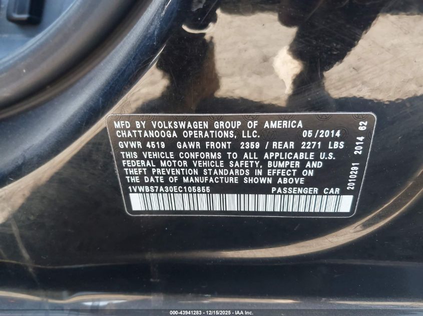 2014 Volkswagen Passat 1.8T Se VIN: 1VWBS7A30EC105855 Lot: 43941283