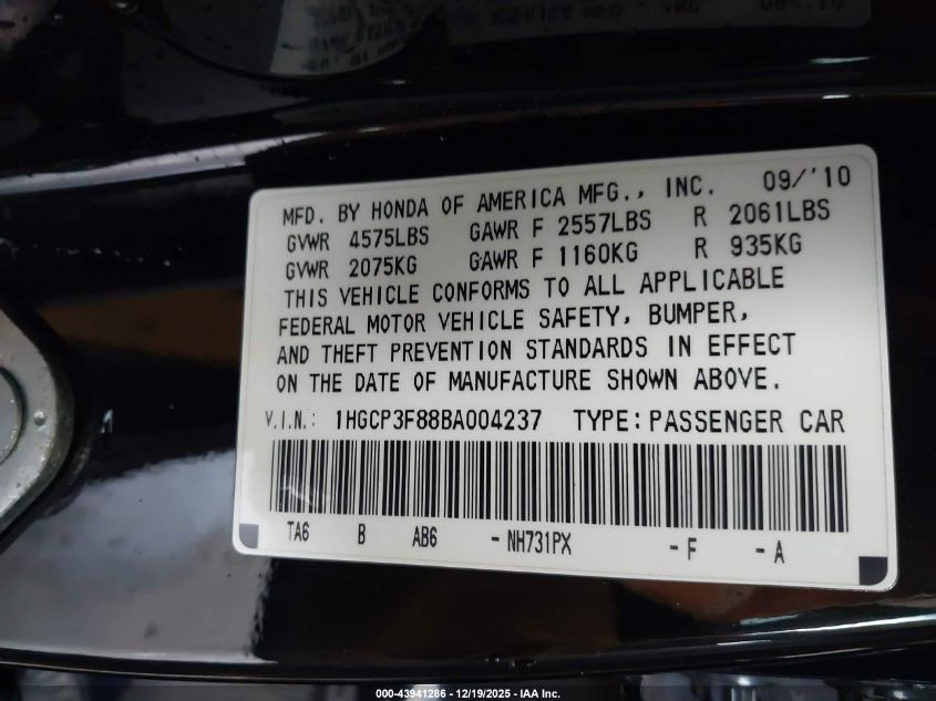 2011 Honda Accord 3.5 Ex-L VIN: 1HGCP3F88BA004237 Lot: 43941286