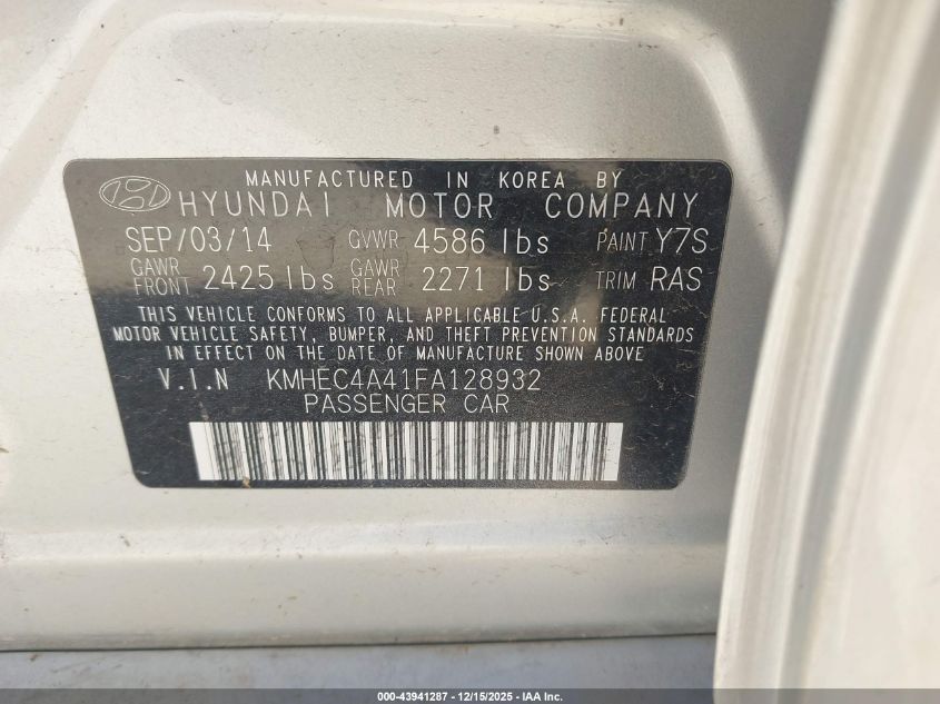 2015 Hyundai Sonata Hybrid Limited VIN: KMHEC4A41FA128932 Lot: 43941287