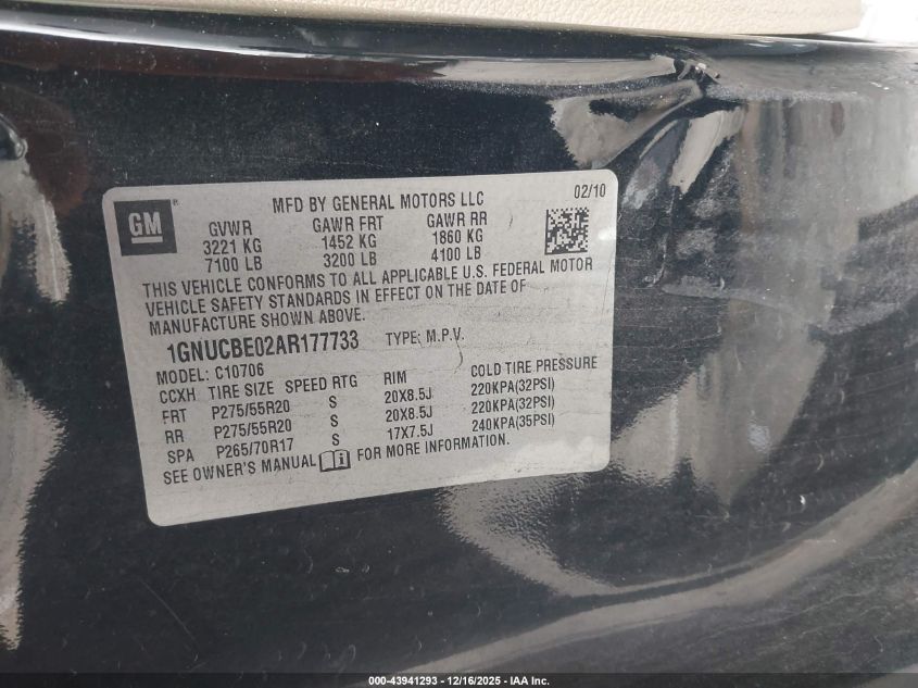 2010 Chevrolet Tahoe Lt VIN: 1GNUCBE02AR177733 Lot: 43941293
