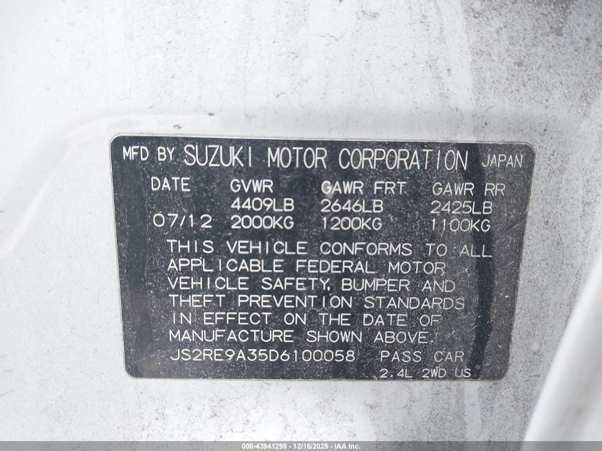 2013 Suzuki Kizashi Se VIN: JS2RE9A35D6100058 Lot: 43941295