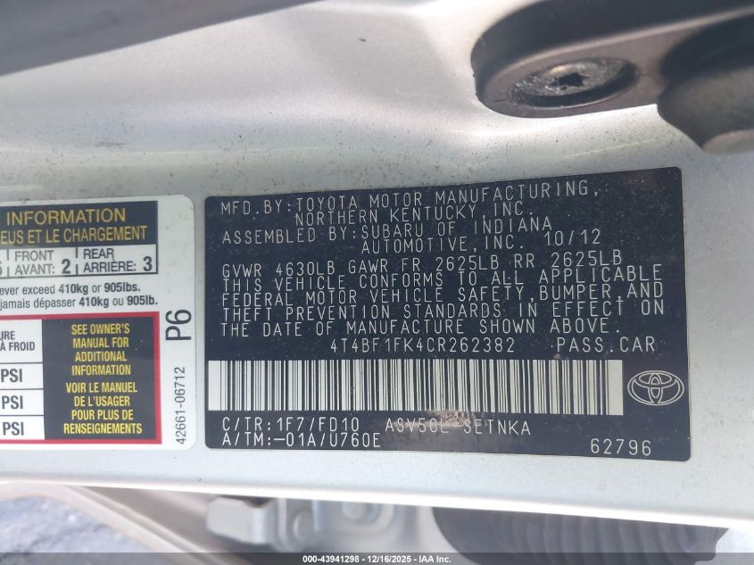 2012 Toyota Camry Le VIN: 4T4BF1FK4CR262382 Lot: 43941298