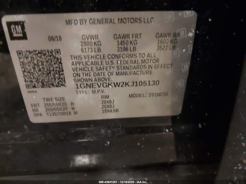 2019 Chevrolet Traverse 1Lt VIN: 1GNEVGKW2KJ105130 Lot: 43941301