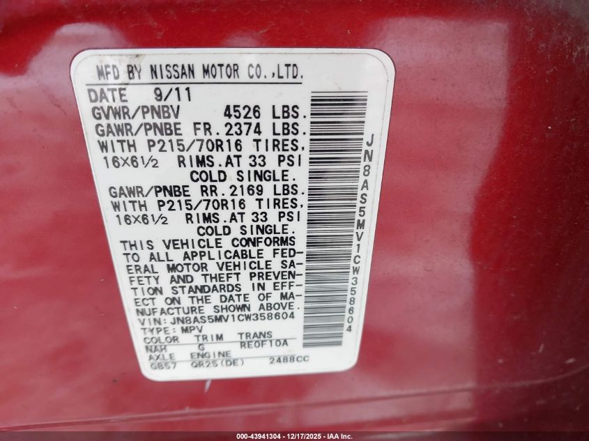 2012 Nissan Rogue S VIN: JN8AS5MV1CW358604 Lot: 43941304