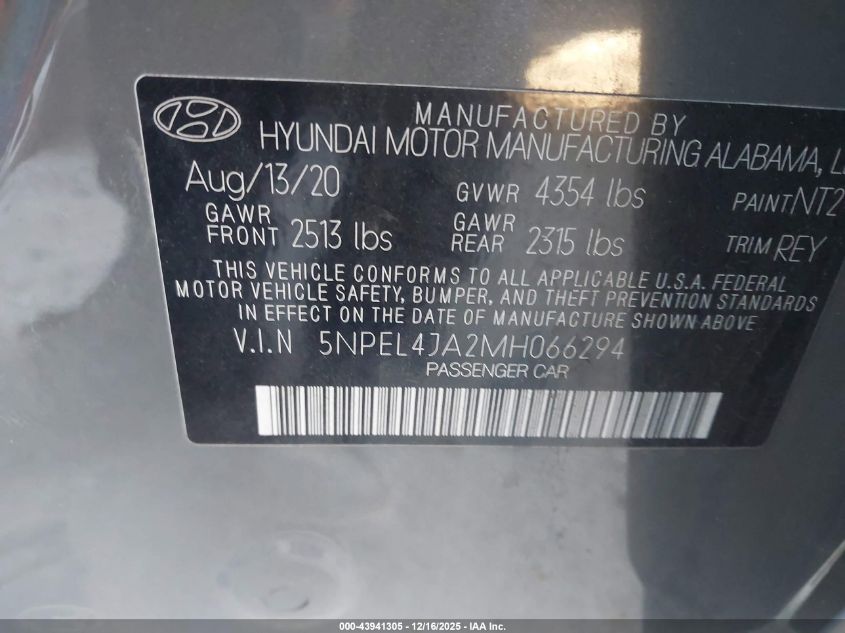 2021 Hyundai Sonata Sel VIN: 5NPEL4JA2MH066294 Lot: 43941305