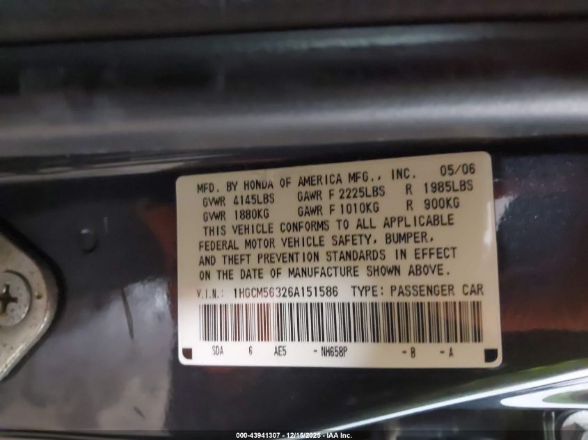 2006 Honda Accord 2.4 Se VIN: 1HGCM56326A151586 Lot: 43941307