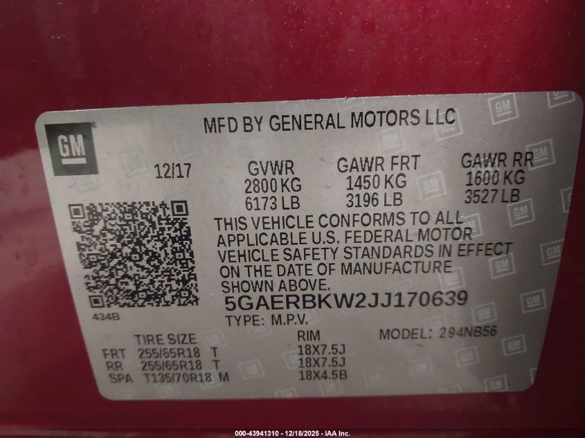 2018 Buick Enclave Essence VIN: 5GAERBKW2JJ170639 Lot: 43941310