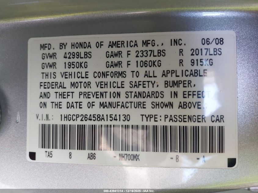 2008 Honda Accord 2.4 Lx-P VIN: 1HGCP26458A154130 Lot: 43941314